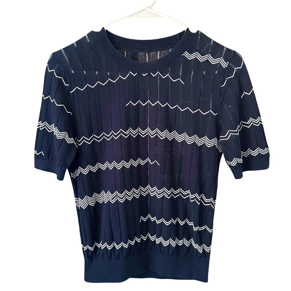 Percotton Navy Short Sleeve Crewneck Cotton Knit with White Stripes Size XS